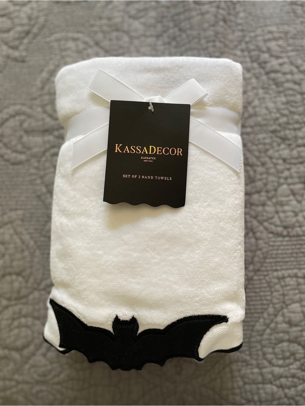 White Hand Towels with Black Bat Trim - Set of 2